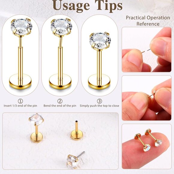 Flat Back Earrings Study Hypoallergenic Surgical Steel Multiple Piercing Use - Picture 3 of 6